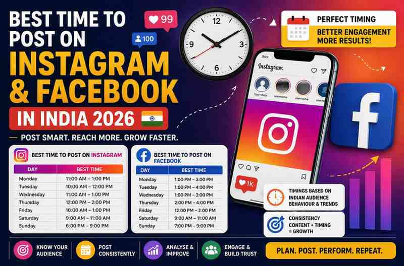 Best time to post on Instagram and Facebook in India 2026 infographic